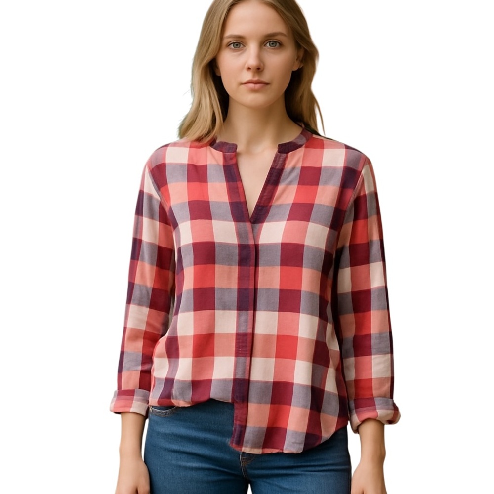 Tommy Bahama Buffalo Check Shirt Coral Long Sleeve Size Small Roll Tab Sleeves